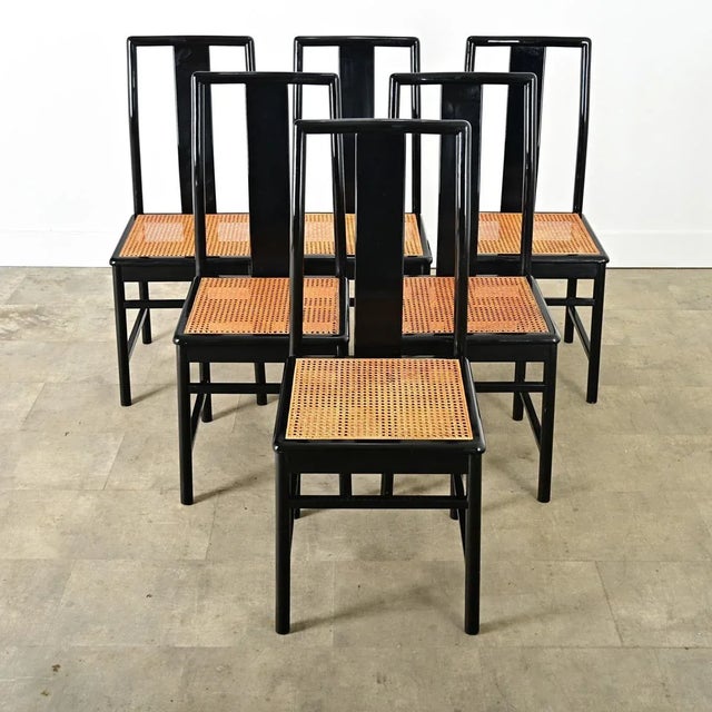 1980s Vintage Italian Ebonized and Cane Seat Dining Chairs – Set of 6 For Sale - Image 5 of 12