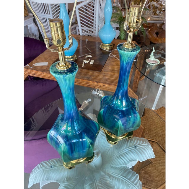 Ceramic Vintage Pair of Blue Green Ceramic Table Lamps Brass Greek Key Base - a Pair For Sale - Image 7 of 11