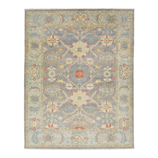 Modern Sultanabad Wool Area Rug – Floral Medallion Design – Muted Grey For Sale