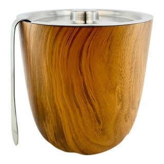 Vintage S'well Wood-Grain Insulated Ice Bucket With Stainless Steel Lid and Tongs For Sale