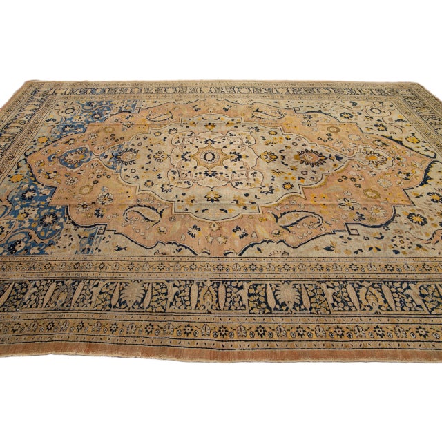 Antique Persian Tabriz Handmade Medallion Motif Blue and Beige Wool Rug For Sale In New York - Image 6 of 11