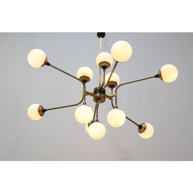 Chandelier with 18 Lights in Brass and Opal Glass by Stilnovo, Italy, 1959 For Sale - Image 14 of 15