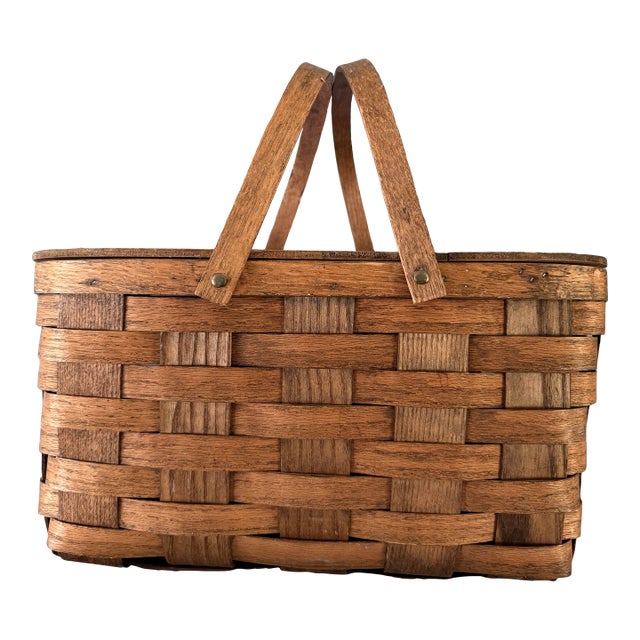 Vintage Large Woven Splint Wood Picnic Basket Double Swing Handle For Sale