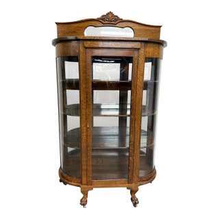 Antique Victorian Edwardian Quarter Sawn Tiger Oak Curved China Cabinet Curio For Sale
