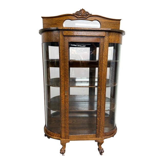 Antique Victorian Edwardian Quarter Sawn Tiger Oak Curved China Cabinet Curio For Sale
