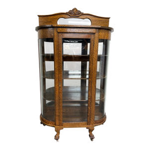 Antique Victorian Edwardian Quarter Sawn Tiger Oak Curved China Cabinet Curio