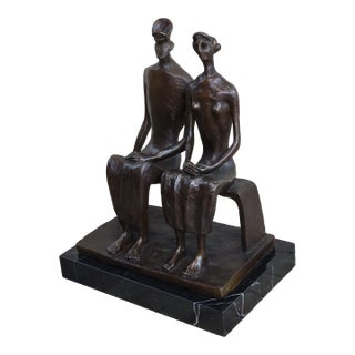 Mid 20th Century King and Queen by Henry Moore Abstract Surreal Man & Woman on Bench Statue Sculpture 12" x 9" For Sale