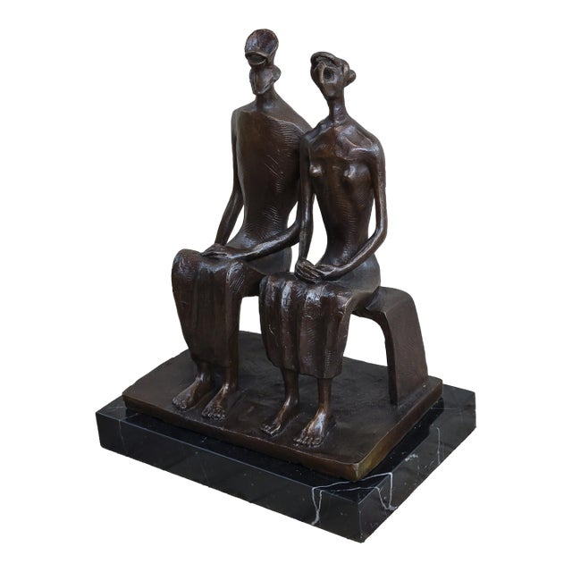 Mid 20th Century King and Queen by Henry Moore Abstract Surreal Man & Woman on Bench Statue Sculpture 12" x 9" For Sale