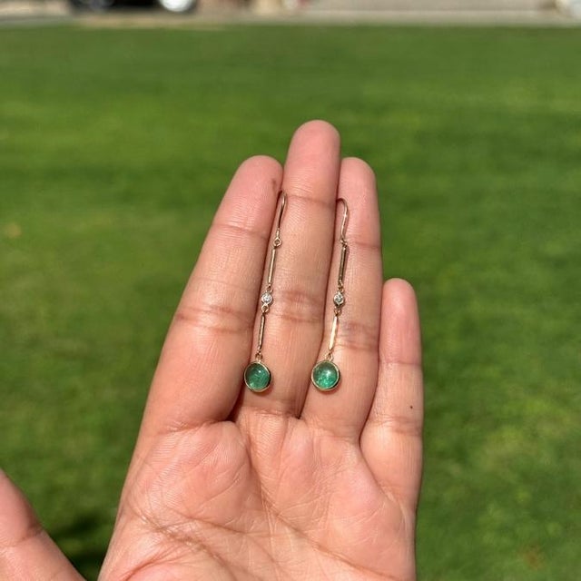 Contemporary 2.15ct Emerald & Diamond Floating Drop Earrings in 14k Gold- 2 Pieces For Sale - Image 9 of 14