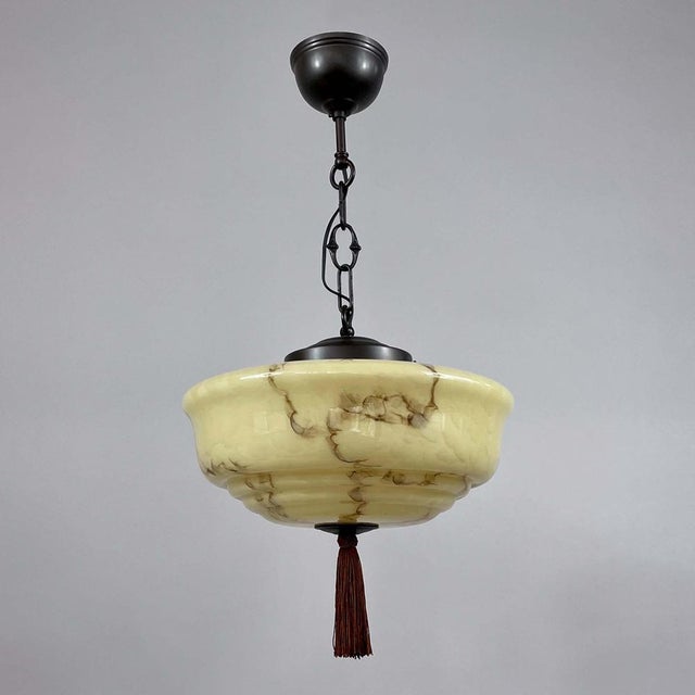 Art Deco Dark Cream Marbled Opaline & Bronzed Pendant with Tassel, Germany, 1930s For Sale - Image 3 of 17