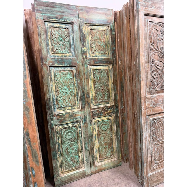 1920s Antique Green Floral Double Doors Rustic Sliding Barn Doors 80x35 For Sale - Image 5 of 7