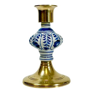 Mid-Century Boho Chic Hollywood Regency Ceramic Delft Blue & White, Brass Candle Holder For Sale