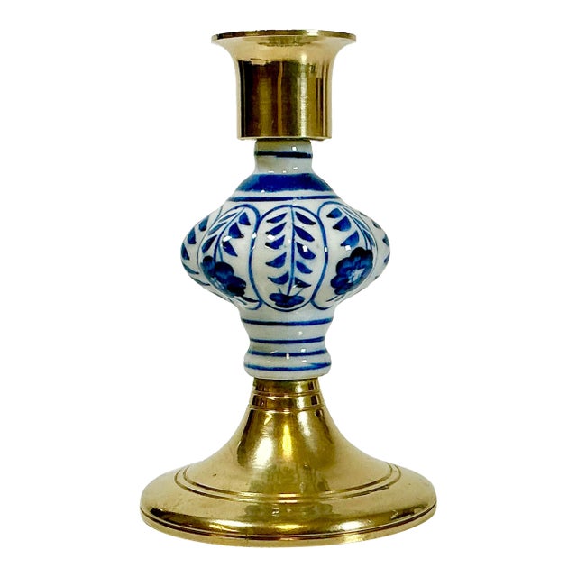 Mid-Century Boho Chic Hollywood Regency Ceramic Delft Blue & White, Brass Candle Holder For Sale
