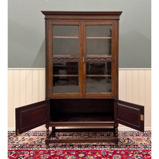 Antique English Bookcase Bookshelf Cabinet Double Door Barley Twist Oak c.1930s For Sale - Image 11 of 17