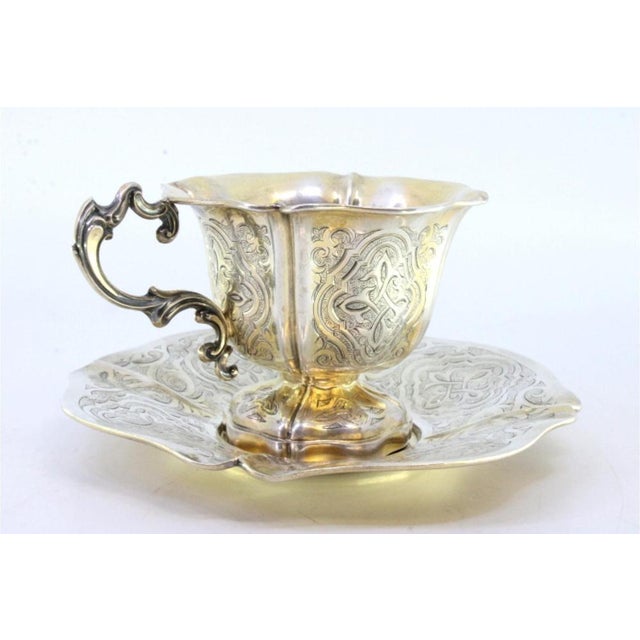 Silver Cup and Saucer with Engraved Floral Motifs and Edge Cutouts, Set of 2 For Sale - Image 6 of 8