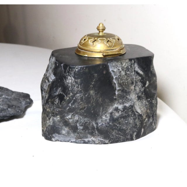 19th Century Antique Handmade Carved Black Stone Brass Ornate Inkwell Paperweight Writing Set For Sale - Image 5 of 12