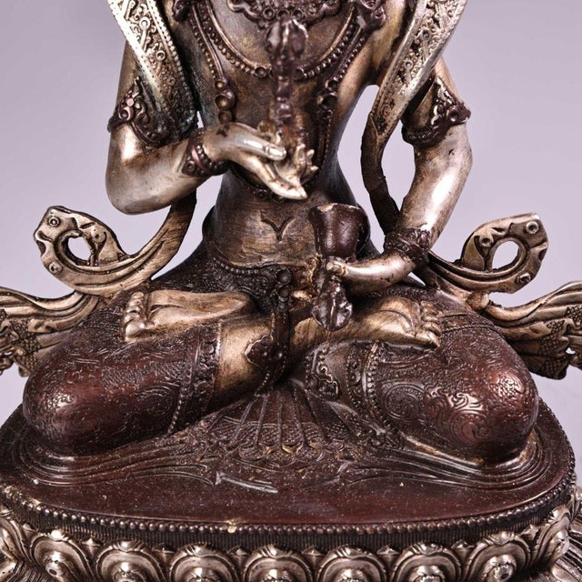 Bronze Late 20th Century Nepalese Silver-Inlaid Bronze Vajrasattva Statue Buddhist Deity 8.7" For Sale - Image 8 of 9