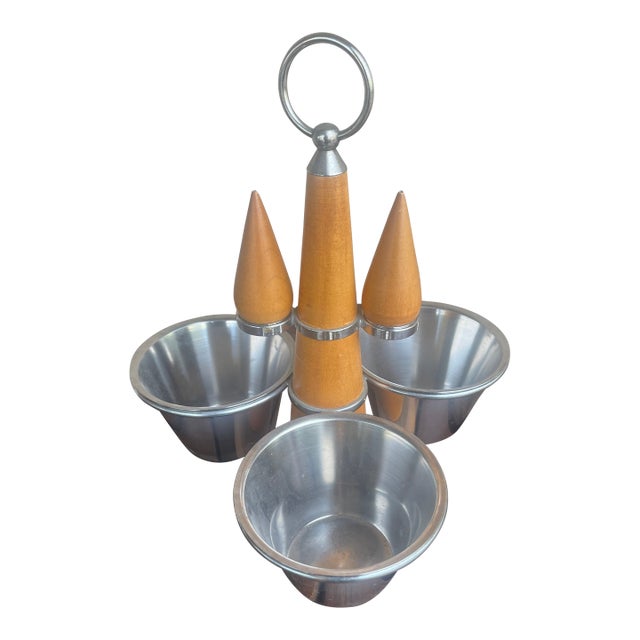 1960s Mid-Century Modern Stako Sweden Teak Stainless Steel Spinning Condiment Caddy Salt & Pepper For Sale