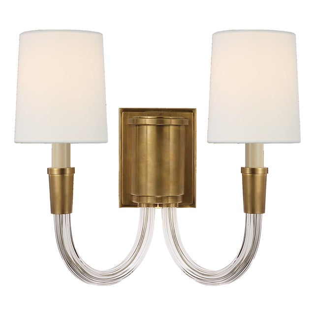 Thomas O'Brien for Visual Comfort Signature Vivian Double Sconce in Hand-Rubbed Antique Brass with Linen Shades For Sale