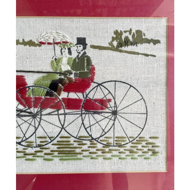 Pair of 1960s Framed Handmade Crewel Embroidery, Horses With Sleigh & Carriage For Sale - Image 9 of 18