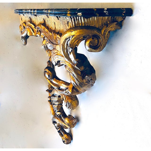 Antique Hand-Carved Gilt Wood Console - Wall Mount - Faux Marble Top For Sale - Image 6 of 12