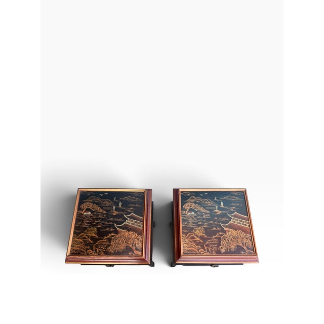 Wood Chinoiserie Hand-Painted Gilt Asian Nightstands, Pair For Sale - Image 7 of 15