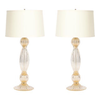 Pair of Modernist Reeded Translucent Glass Table Lamps With 24-Karat Gold Flecks For Sale