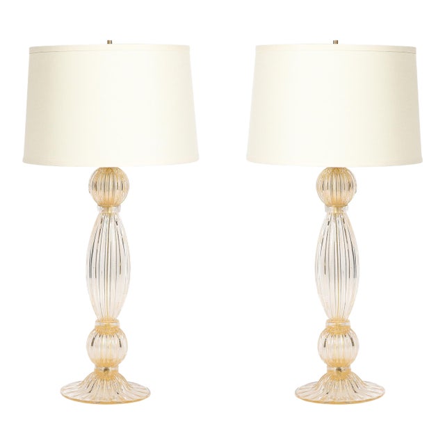 Pair of Modernist Reeded Translucent Glass Table Lamps With 24-Karat Gold Flecks For Sale