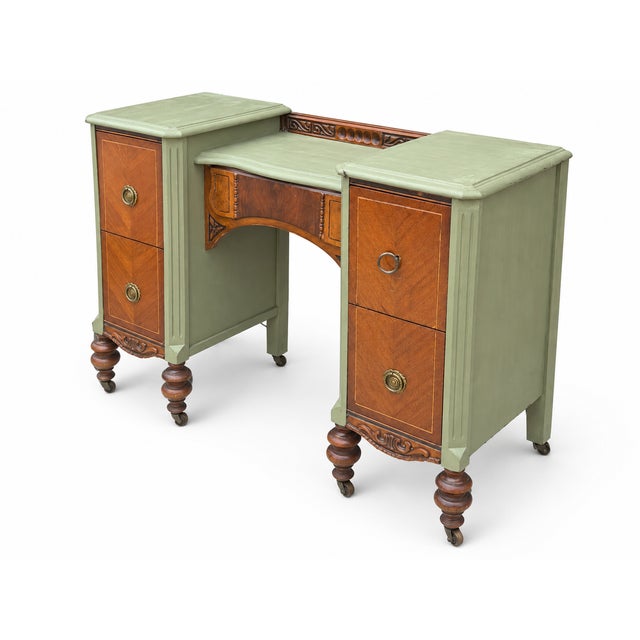 Wood Antique Art Deco Vanity With Three-Panel Mirror and Matching Bench For Sale - Image 7 of 18