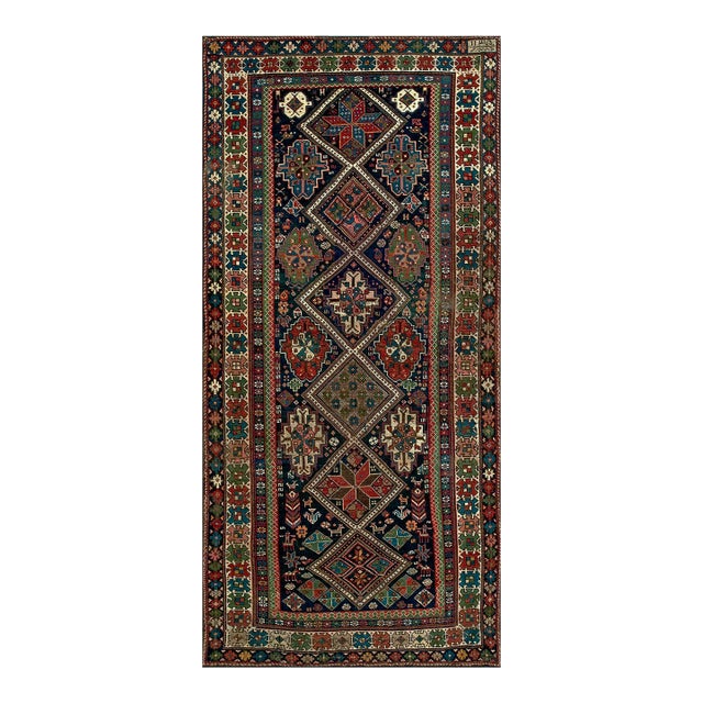 1900s Blue Navy Diamond Tribal Antique Caucasian Shirvan Rug 3'6" X 7'4" Handknotted Wool Carpet For Sale