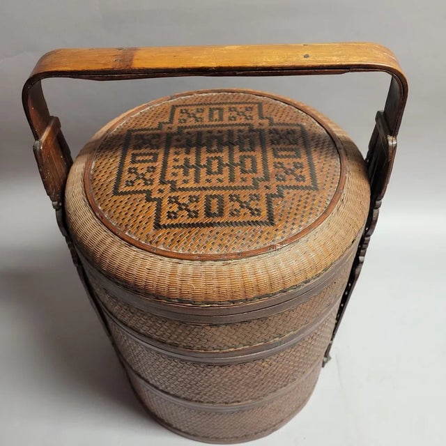 Antique Chinese 3-Tier Woven Wedding Storage Basket | Chairish