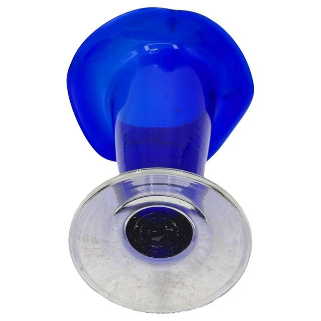 1980s 9” Tall Dark Cobalt Blue Art Glass Hand-Blown Vase W/ Ruffle Top For Sale - Image 4 of 5