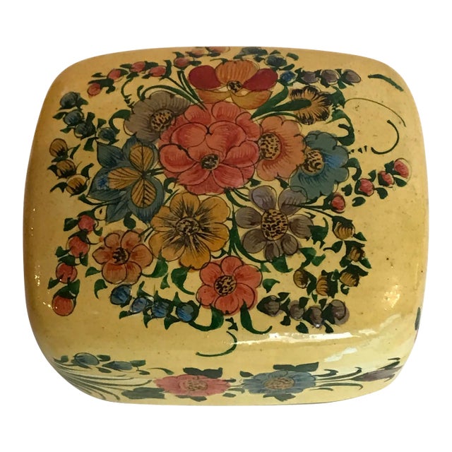 Vintage Hand Pinted Floral Paper Mache Box From India For Sale
