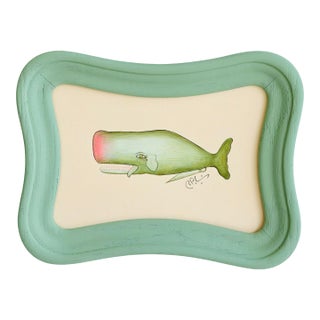 Original Hand-Painted Whimsical Whale Painting in a Hand-Painted Frame For Sale