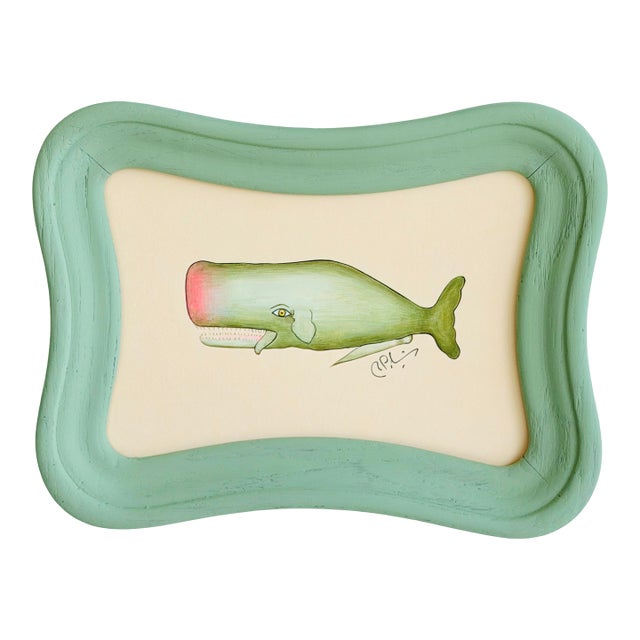 Original Hand-Painted Whimsical Whale Painting in a Hand-Painted Frame For Sale