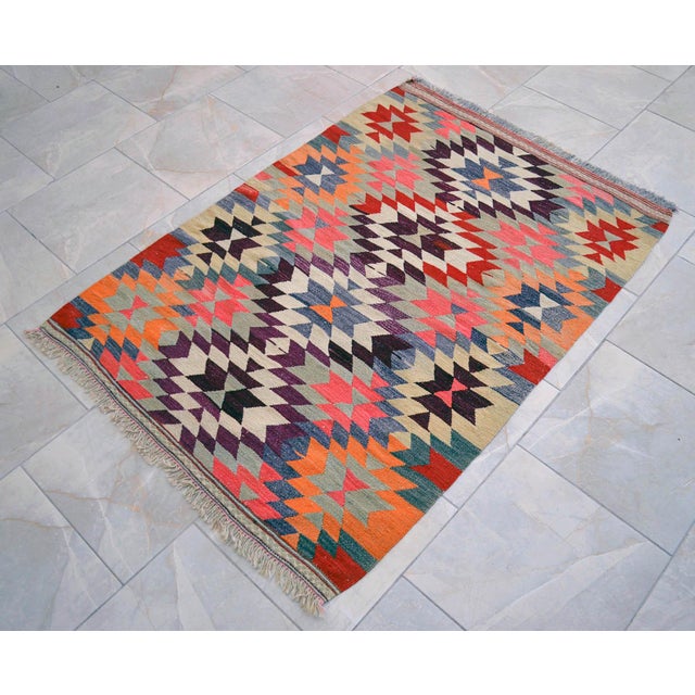 Handmade Turkish Kilim Rug Diamond Pattern Area Rug - 3'7" X 4'10" For Sale - Image 4 of 13