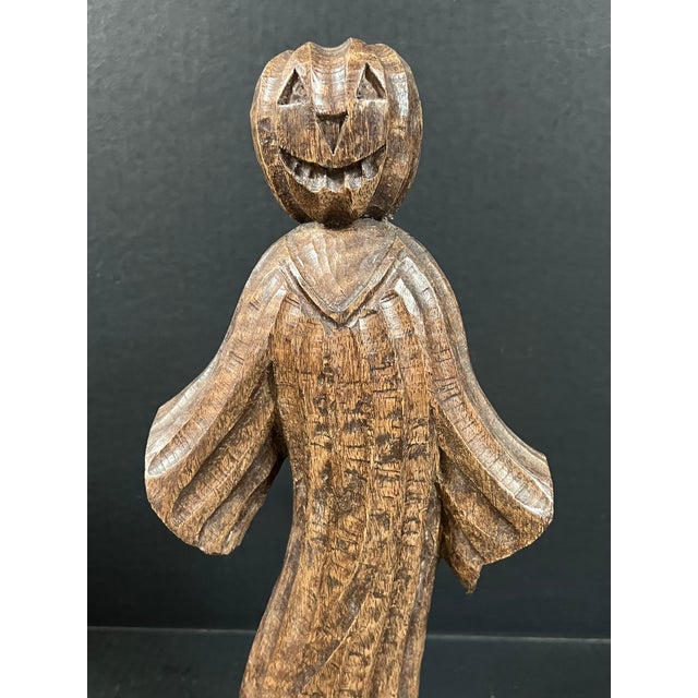 Late 20th Century Folk Art Carved Wooden Jack O Lantern Ghost Statue For Sale - Image 5 of 7