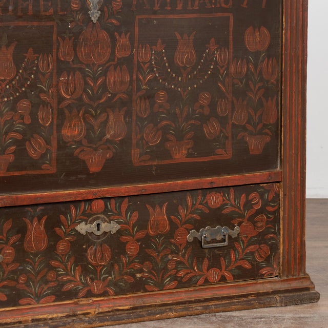 Original Painted Tall Pine Flat Top Trunk Dated 1874 For Sale - Image 16 of 18