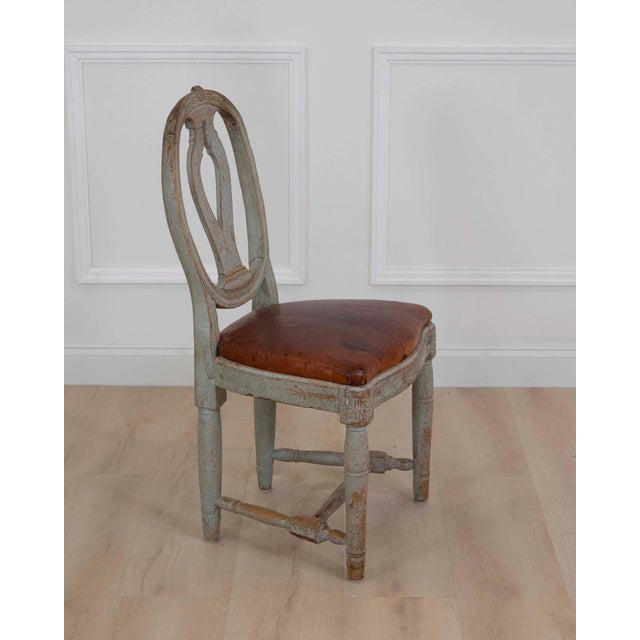 18th Century Swedish Gustavian Chair with Original Paint and Leather Seat For Sale - Image 4 of 7