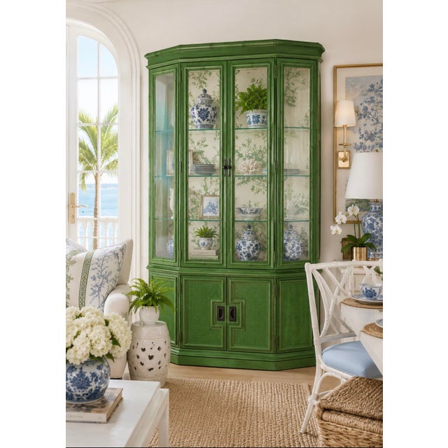 Vintage Stanley Furniture Lighted Faux Bamboo and Cane China Cabinet This beautifully detailed vintage Stanley Furniture...