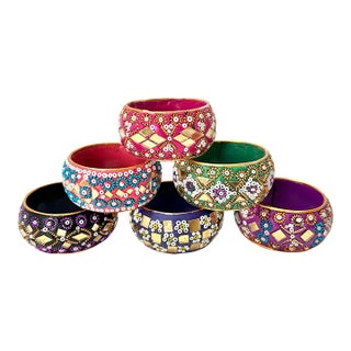 Vintage Indian Beaded Lacquer Napkin Rings With Original Box, Set of 6 For Sale