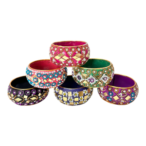 Vintage Indian Lacquer Napkin Rings – Set of 6 Hand Decorated Beaded Brass Inlay Rings With Original Box