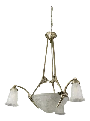 Frosted Glass and Bronze Chandelier from Maynadier Pierre, 1930s