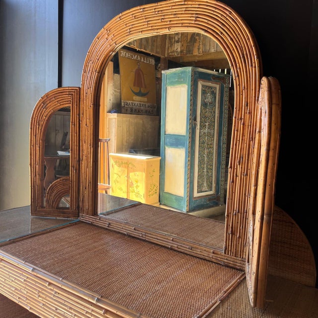 Wood Vintage Bamboo Dressing Table with Bamboo Framed Mirror For Sale - Image 7 of 16