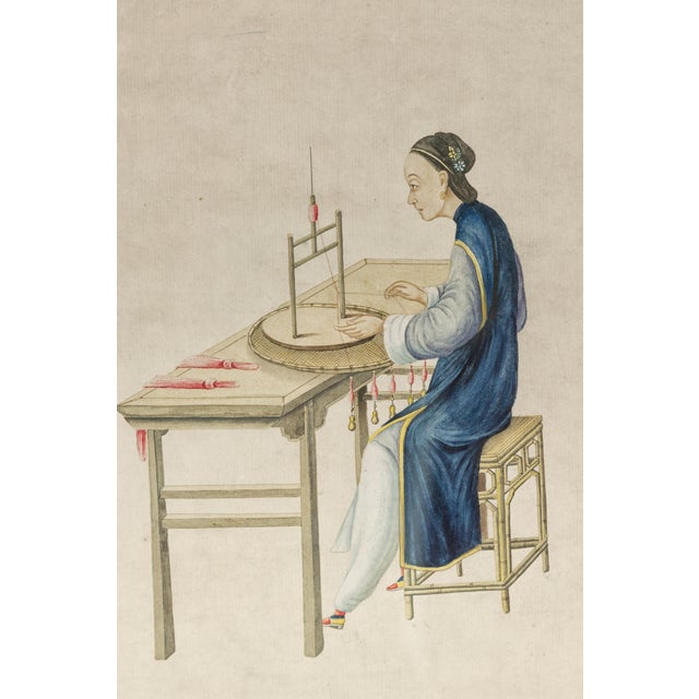 Woman in a Blue Dress Threading Silk Chinese Watercolor in Gilt Frame For Sale - Image 11 of 12