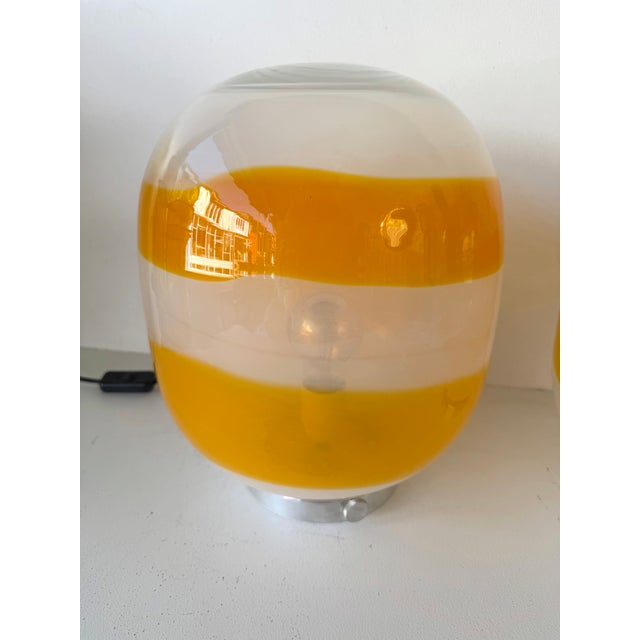 1970s Pair of Murano Glass Orange White Smoke Saturn Lamps. Italy, 1970s For Sale - Image 5 of 13