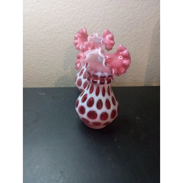 1960s Exquisite Pair of Fenton Cranberry Opalescent Coin Dot Crimped Edge Vases For Sale In Dallas - Image 6 of 8