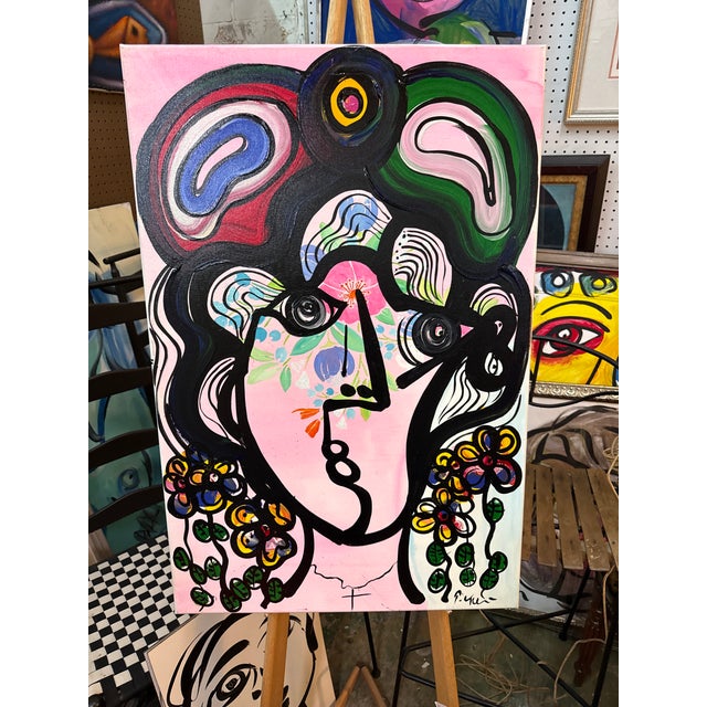 1970s Peter Keil Abstract Painting of a woman with flowers. Executed with oil on canvas, unframed. COA on back guaranteed...
