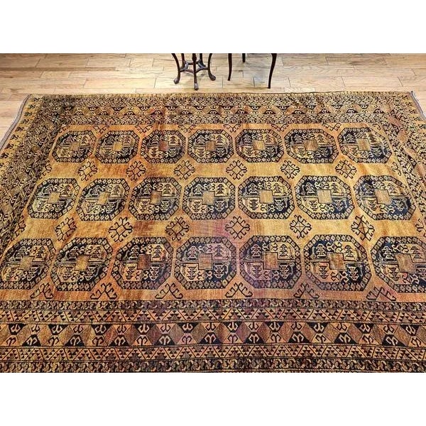 French Country Vintage Afghan Ersari Rug, Hand-Knotted Wool, Allover Geometric Design, Camelhair & Navy, 9’ X 13’ For Sale - Image 3 of 12