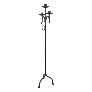 Hand Forged Iron Floor Candelabra 52″ (132cm) Antique Copper Patina 3-Arm Grand Vertical Statement Decor For Sale
